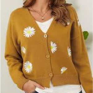 TEMU Daisy Yellow Embroidery Button Up V-Neck Cardigan Sweater Size Medium